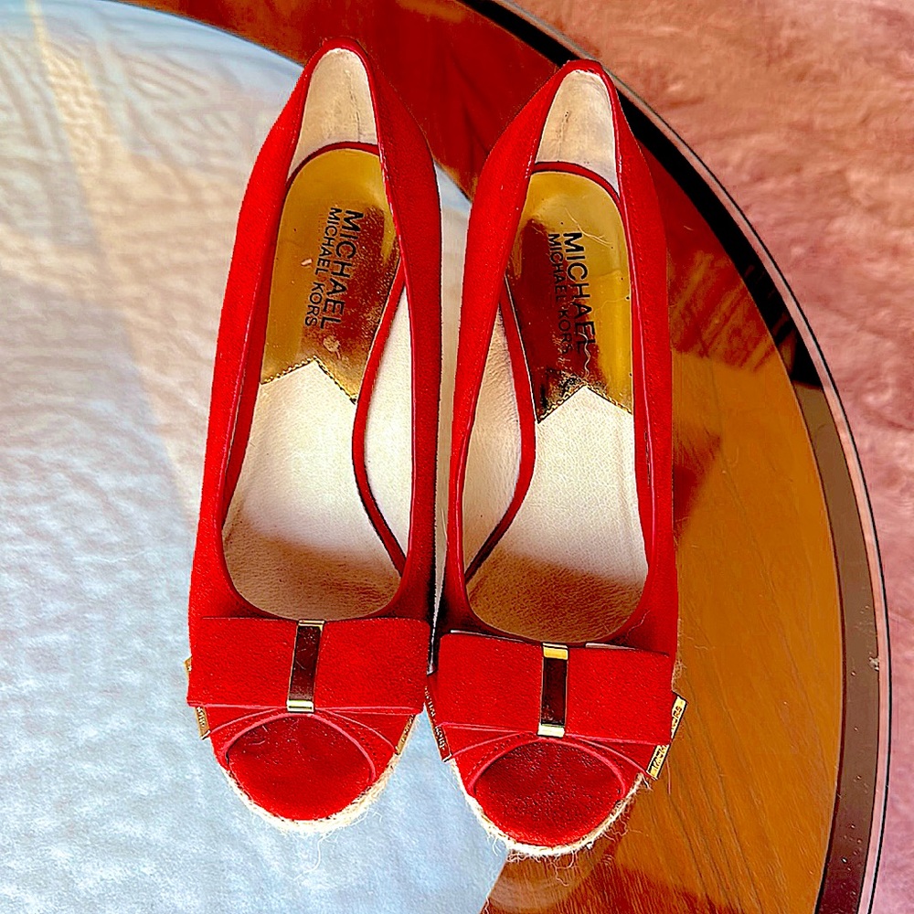 Michael Kors suede red wedge peep toe heels. Only worn once. $100 OBO
